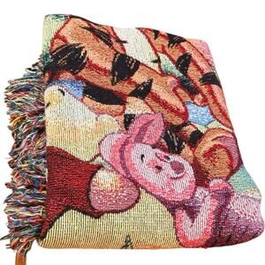 Vintage 90s Winnie the Pooh Tigger Piglet Autumn Woven Throw Pumpkins Leaves